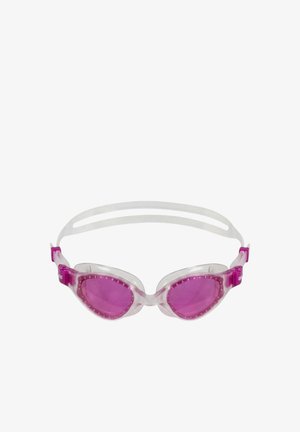 Occhialini da nuoto tintati rosa con montatura trasparente e doppio cinturino bianco regolabile, progettati per una calzata sicura.