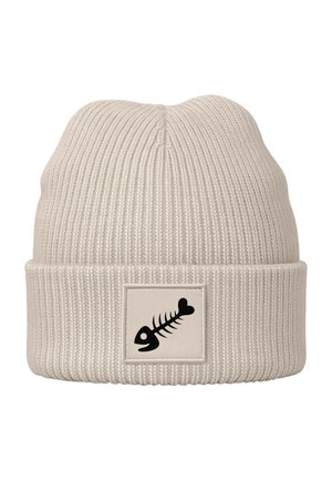 Beanie hat in beige ribbed knit with a thick cuff. Features a square patch with a black fishbone graphic on the front.