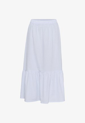 Ljusblå och vitrandig kjol med elastisk midja, lager på lager volangkant och mjuk tygtextur. A-linjeformad, knälängd design.