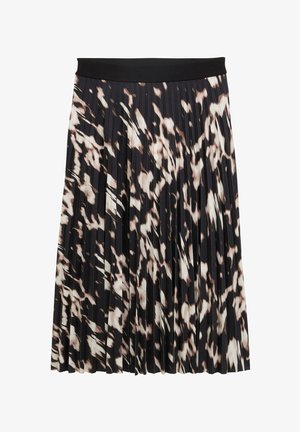 Gonna a pieghe con una ampia vita nera; stampata in tonalità di nero, crema e marrone; texture liscia con un design fluido.