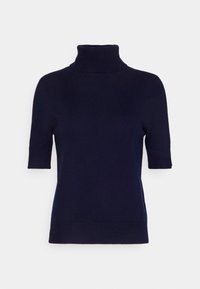 Námořnická modrá krátká rukávová roláková svetr vyrobený z měkkého a elastického materiálu. Má přiléhavý střih a ribkované akcenty na krku a lemu.