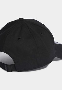 Black baseball cap featuring a curved brim, stitched detailing, and an adjustable strap on the back with eyelets for ventilation.
