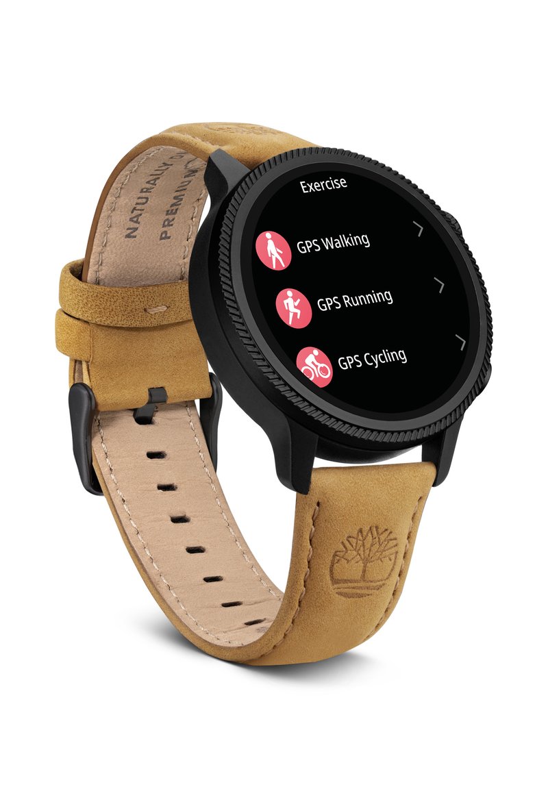 Smartwatch with black metal case, round touch screen, and tan leather strap featuring a pattern. Screen displays exercise options: GPS Walking, Running, Cycling.
