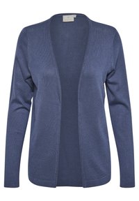 Marineblauer Cardigan aus leichtem Strickstoff, mit offenem Vorderteil, langen Ärmeln und weicher Textur. Ohne Verschlüsse oder Muster.