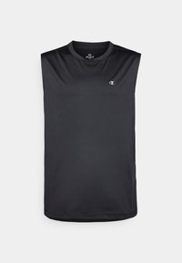 Sort ærmeløs træningsshirt lavet af glat, letvægtsstof. Rund halsudskæring med et lille logo på brystet og en syet kant.