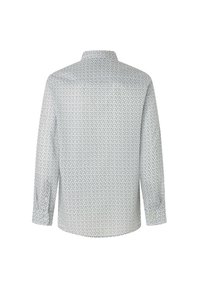 Långärmad skjorta med krage, ljusblått tyg med ett litet upprepat mönster och knappade manschetter. Baksidan visas.