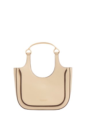 Borsa a mano in pelle beige con anelli in metallo dorato sulle maniglie, bordi inferiori arrotondati e logo "THE BRIDGE" impresso al centro davanti.