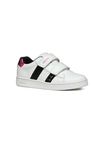 Sneaker bianco con strisce di glitter nero e dettagli rosa. Presenta due cinturini in velcro e una suola in gomma resistente. Progettato per il comfort.