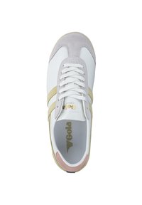 White sneaker with light gray suede accents, pale pink and beige stripes, lace-up design, and textured insole with brand logo.