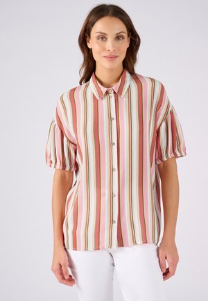 Blusa a maniche corte a righe nei colori rosa, bianco e verde, con una patta con bottoni e maniche a palloncino. Tessuto testurizzato con righe orizzontali.