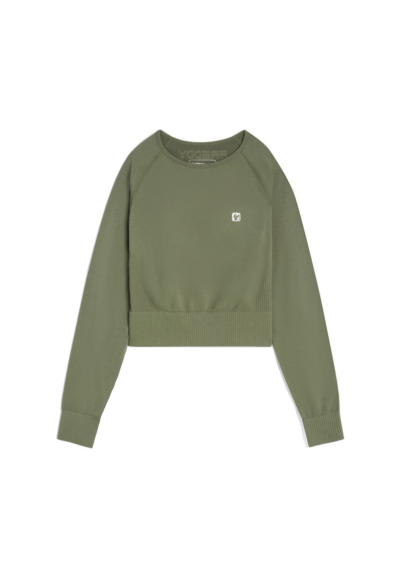 Felpa corta verde oliva con maniche lunghe raglan, polsini e orlo a costine, caratterizzata da un piccolo logo nell'angolo in alto a sinistra.
