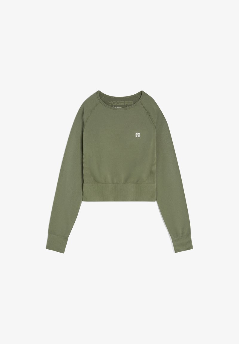 Felpa corta verde oliva con maniche lunghe raglan, polsini e orlo a costine, caratterizzata da un piccolo logo nell'angolo in alto a sinistra.