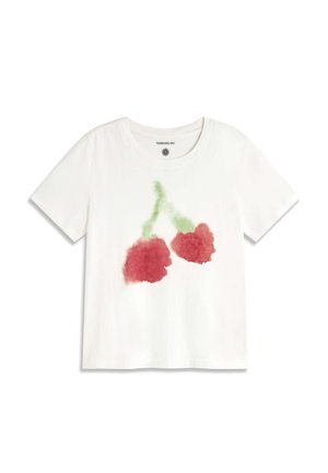 T-shirt blanc à manches courtes avec un motif flou de double fleur rouge et des tiges vertes centré sur le devant.