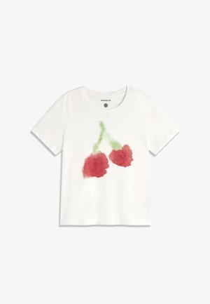 T-shirt blanc à manches courtes avec un motif flou de double fleur rouge et des tiges vertes centré sur le devant.