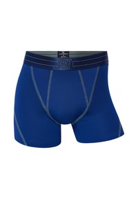 Blue men's boxer briefs made from textured, breathable fabric, featuring a contrasting waistband with "CR7" logo and stylish seam accents.