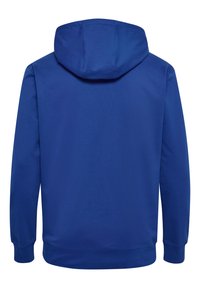 Blå huvtröja i bomullsblandning, med kengurufickor, ribbade ärmslut och fodrad huva. Slät yta utan synliga mönster.