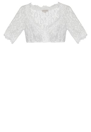 Blusa corta in pizzo bianco con scollo a V, maniche corte e motivi floreali. Presenta bordi scallop per texture e dettaglio.