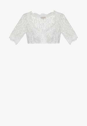 Hvid blondetop med kort ærme og V-udskæring, dekoreret med blomsterprint. Har bølgede kanter for tekstur og detaljer.