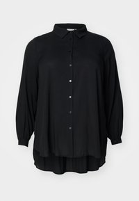 Black long-sleeve blouse with a shirt collar, button closure, and a flowing design. Made of lightweight material with a subtle sheen.
