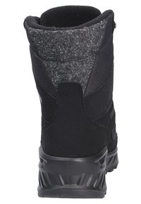 Bottes de randonnée noires avec un revers en feutre gris texturé et une tige en nylon noir. Elles présentent une semelle en caoutchouc noir robuste avec un profil marqué.