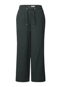 Wide-leg pants in dark green, made of textured fabric. Features a drawstring waist and silver hardware accents. Casual design.