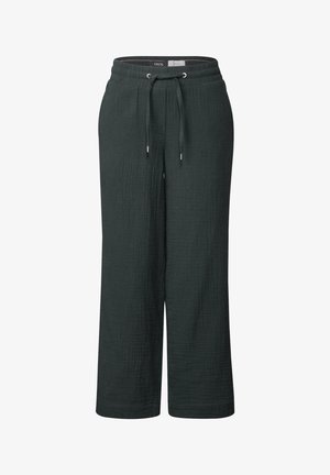 Brede broek in donkergroen, gemaakt van gestructureerde stof. Voorzien van een trekkoord in de taille en zilveren hardwareaccenten. Casual ontwerp.