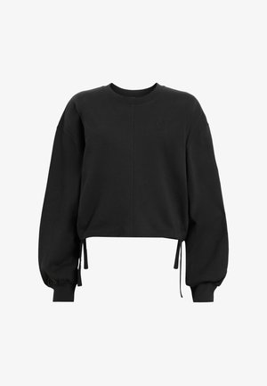 Sudadera negra cortada con cuello redondo y mangas largas y voluminosas. Cuenta con lazos laterales y un logo sutil en relieve en el pecho.