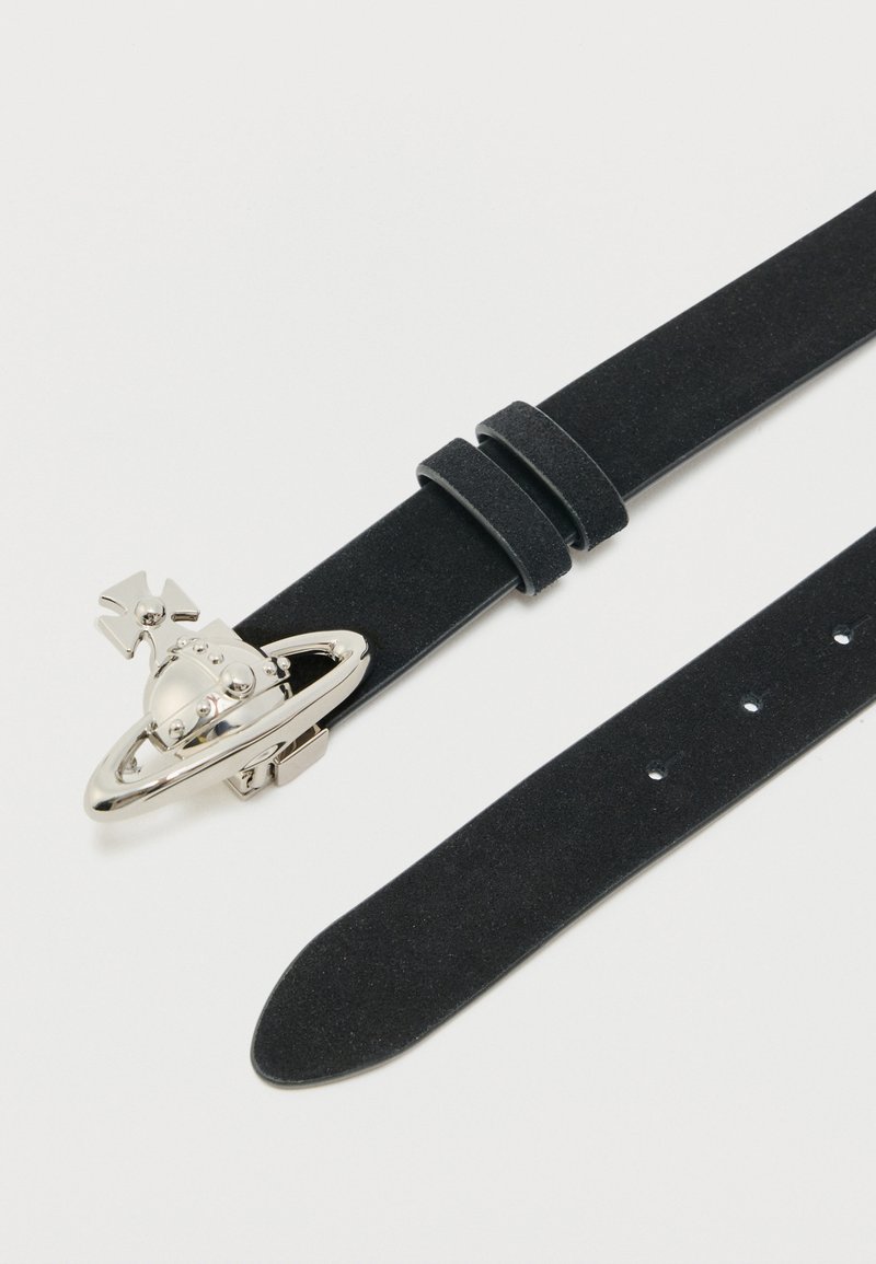 Black leather belt with silver orb and cross buckle, featuring two belt loops and multiple adjustment holes on a white background.