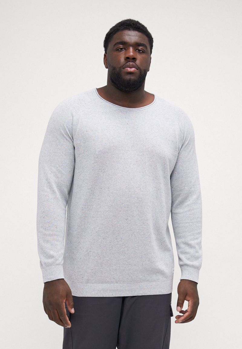 Hellgrauer Pullover aus strukturiertem Material mit rundem Halsausschnitt und langen Ärmeln, ausgestattet mit gerippten Bündchen und Saum für zusätzliche Details.