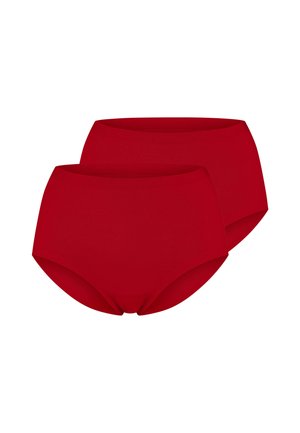 Twee eenvoudige rode hooggesneden slips met een naadloos ontwerp, weergegeven tegen een witte achtergrond.