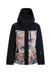 Water-resistant jacket featuring a navy top with a floral print in pink and cream on the front. Includes a hood and zippered pockets.