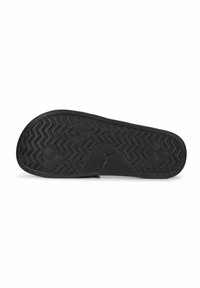Sort skosål med zigzag- og hexagonale mønstre. Har et fremtrædende brandlogo i midten. Fremstillet af gummimateriale.