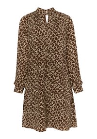 Braun gemustertes Kleid mit langen Ärmeln, hohem Kragen und einem Schlüsselloch-Detail. Hat ein strukturiertes, schleifenförmiges Design in Creme über dem Stoff.