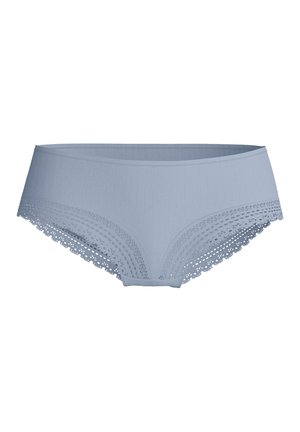 Light blue women’s hipster underwear with ribbed fabric and lace trim along the leg openings against a white background.