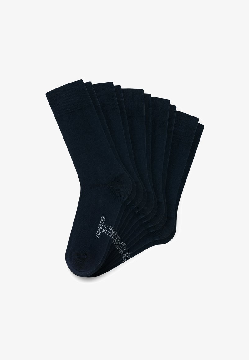 Marineblaue Baumwollsocken im Siebenerpack, mit einer glatten Textur, geripptem Bündchen und verstärktem Zehenbereich sowie Größenmarkierungen an der Seite.