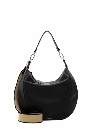 Black leather shoulder bag with a curved shape, featuring a detachable beige strap and silver hardware accents. Smooth texture.
