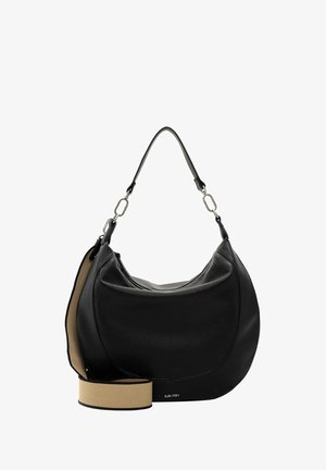 Black leather shoulder bag with a curved shape, featuring a detachable beige strap and silver hardware accents. Smooth texture.