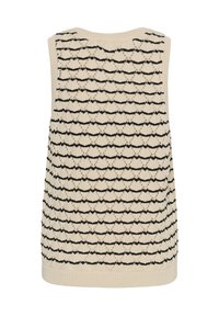 Veste tricotée sans manches crème avec des rayures noires horizontales et un motif texturé en ajouré sur l'ensemble.