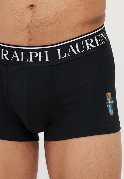 Black cotton boxer briefs with a white "Ralph Lauren" waistband and a detailed bear embroidery on the left side.