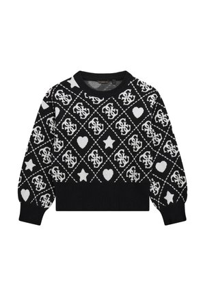 Maglione bianco e nero con motivo a diamante, decorato con cuori e stelle, con collo e polsini a coste e un design cropped.