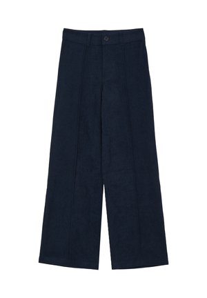 Pantaloni a gamba larga in corda blu navy con chiusura a bottone, caratterizzati da un tessuto strutturato e da un motivo a coste verticali. Taglio dritto con due cuciture frontali.