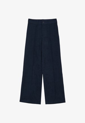 Navy corduroy wide-leg pants with a button closure, featuring a textured fabric and vertical ribbed pattern. Straight cut with two front seams.