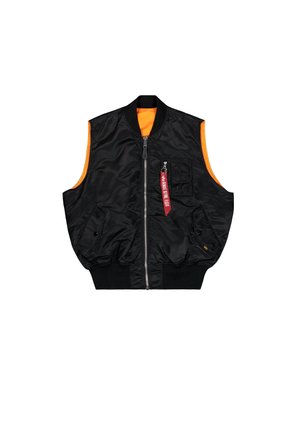 Black bomber vest with an orange interior, zip closure, side pockets, and a small pocket with a red tag detailing. Smooth, shiny fabric.