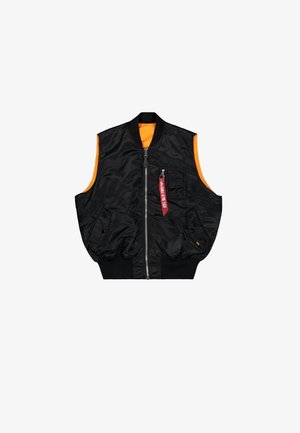Black bomber vest with an orange interior, zip closure, side pockets, and a small pocket with a red tag detailing. Smooth, shiny fabric.