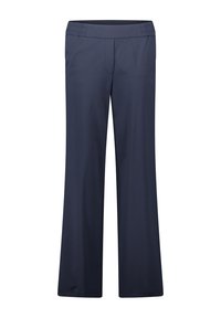 Pantaloni blu navy realizzati in tessuto liscio, con design a gamba larga, cintura elastica e una tasca frontale.