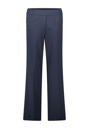 Pantaloni blu navy realizzati in tessuto liscio, con design a gamba larga, cintura elastica e una tasca frontale.