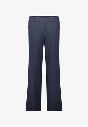 Marineblauwe broek van soepel materiaal, met een wijd uitlopende pasvorm, een elastische tailleband en een enkele voorkant pocket.