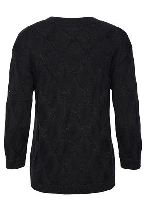 Pull noir tricoté avec manches longues et motif en losanges, vu de dos.