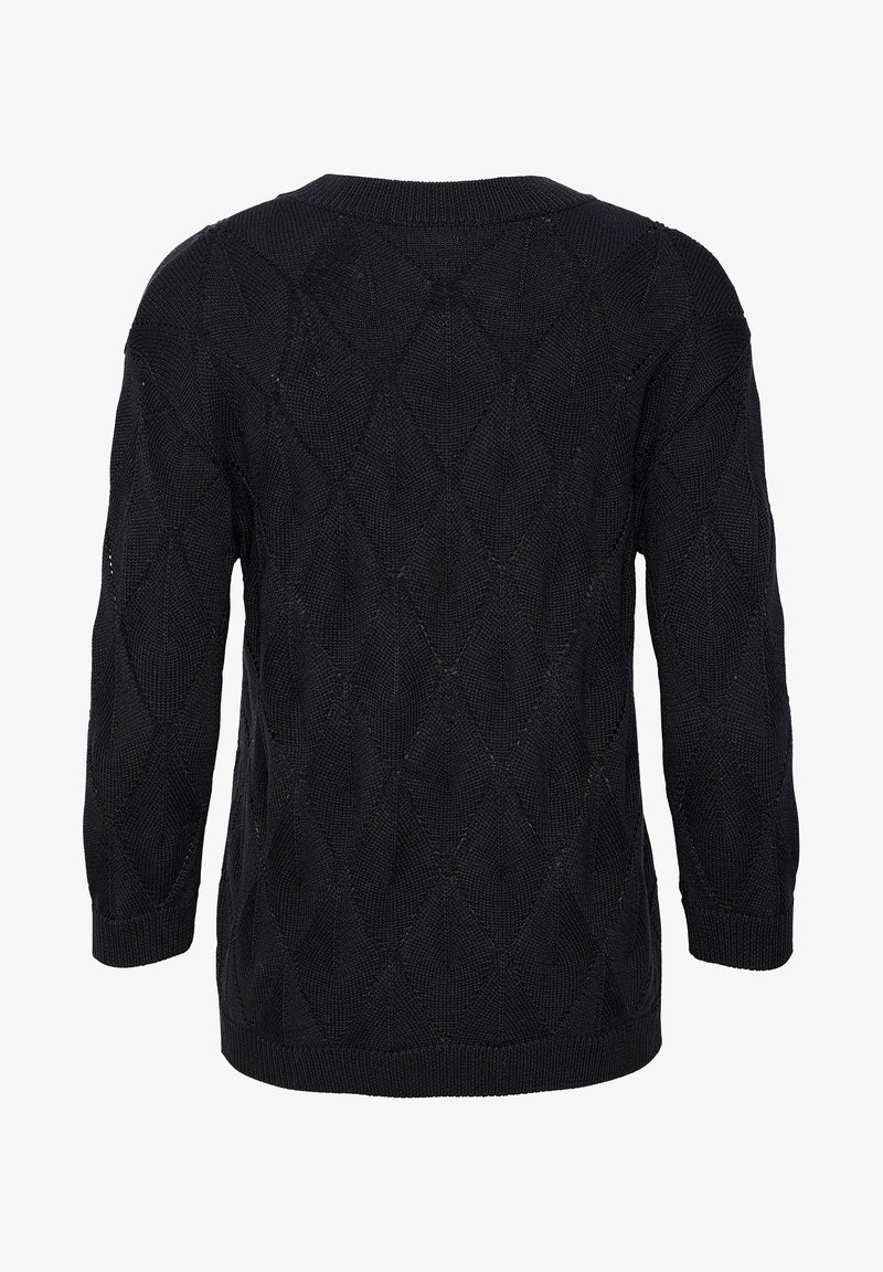 Pull noir tricoté avec manches longues et motif en losanges, vu de dos.
