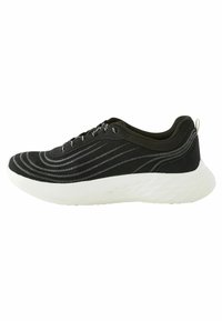 Black athletic shoe with a textured fabric upper featuring horizontal stripes, white sole, and gray laces. Rounded toe and pull tab.